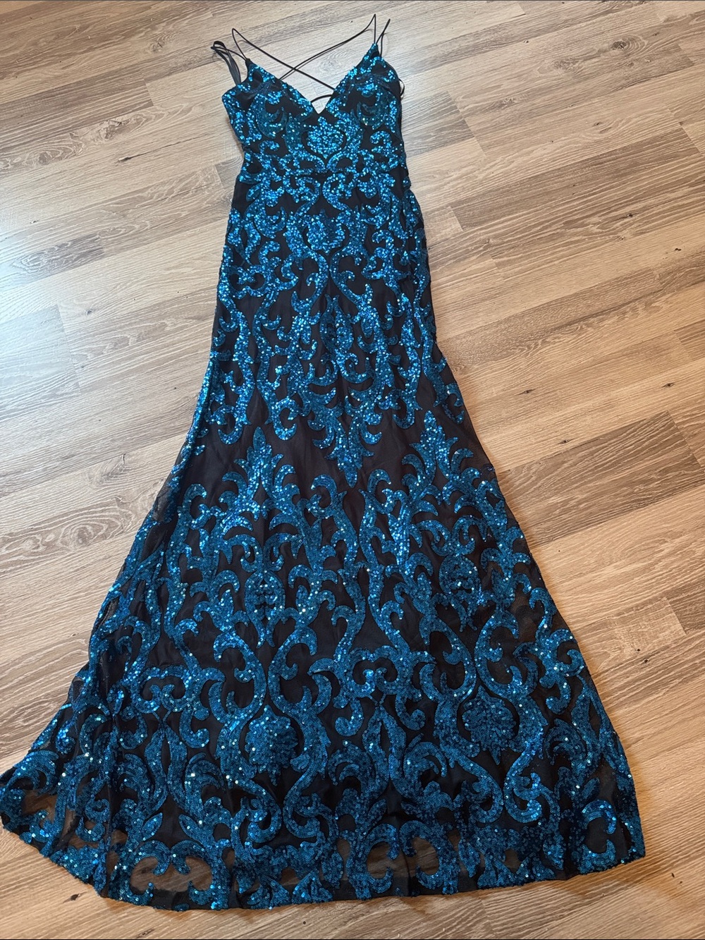 Windsor Teal Sequin Maxi Dress with Crisscross Straps